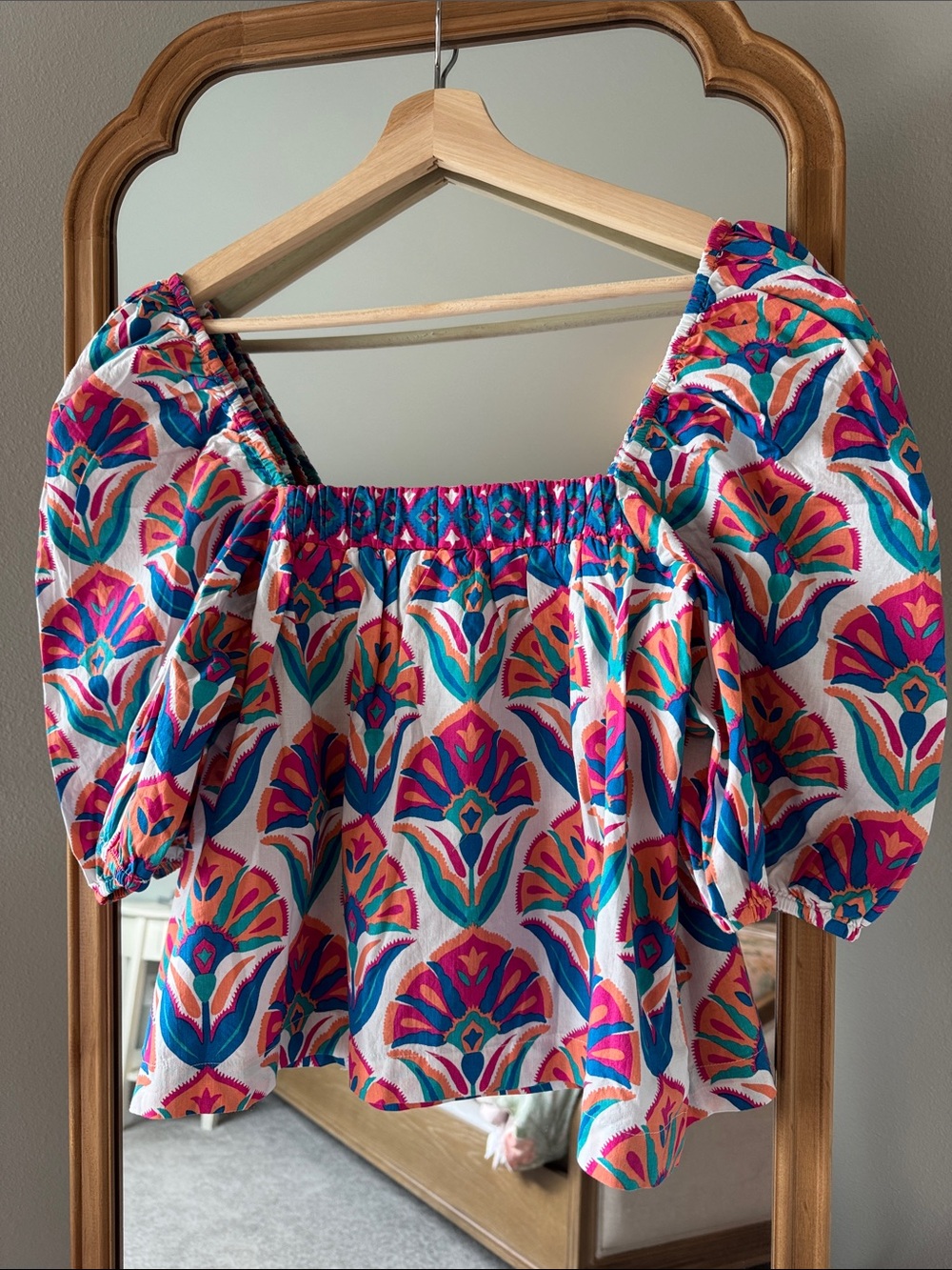 NWT Printfresh Multicolor Smocked Square-Neck Puff Sleeve Blouse MED - Picture 3 of 5
